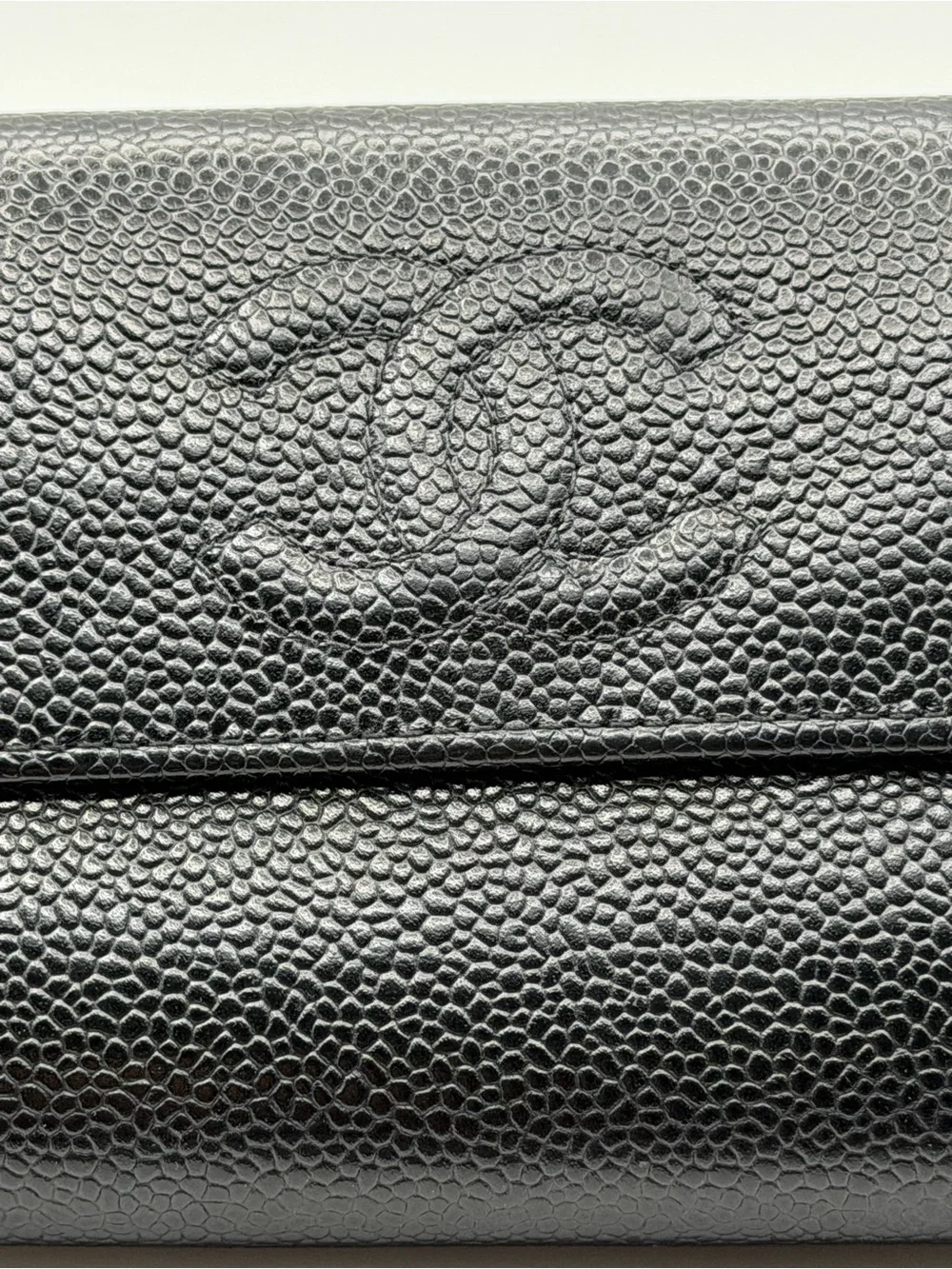 CHANEL Black Caviar Leather Compact Trifold Wallet
